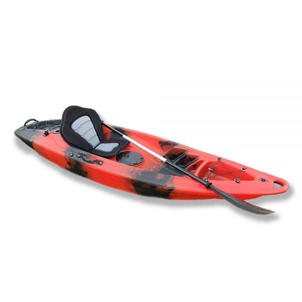 Red single kayak with paddle and seat